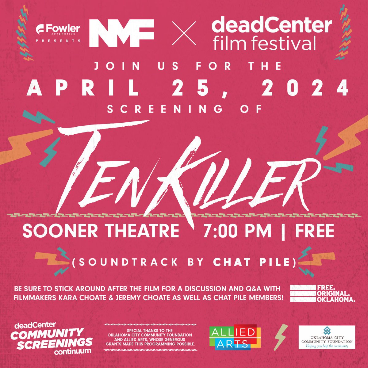 Headed to @NormanMusicFest? See Oklahoma film 'Tenkiller,' presented by @deadcenter, Thur. at 7pm at Sooner Theatre, with a conversation with the filmmakers & @ChatPileBand, who composed the soundtrack.

Admission is FREE! RSVP here: deadcentercontinuum.eventive.org/schedule

#OkieFilm #OkieMusic