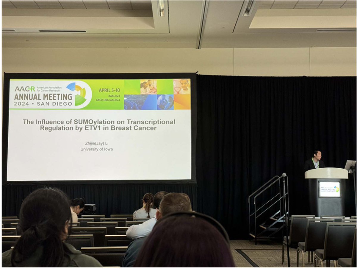 ACCR Award: Jay (Zhijie) Li was awarded the Scholar in Training Award by the American Association of Cancer Research. This award is to recognize young investigators presenting. Jay wrote his on the influence of SUMOlyation on transcriptional regulation by ETV1 in Breast Cancer