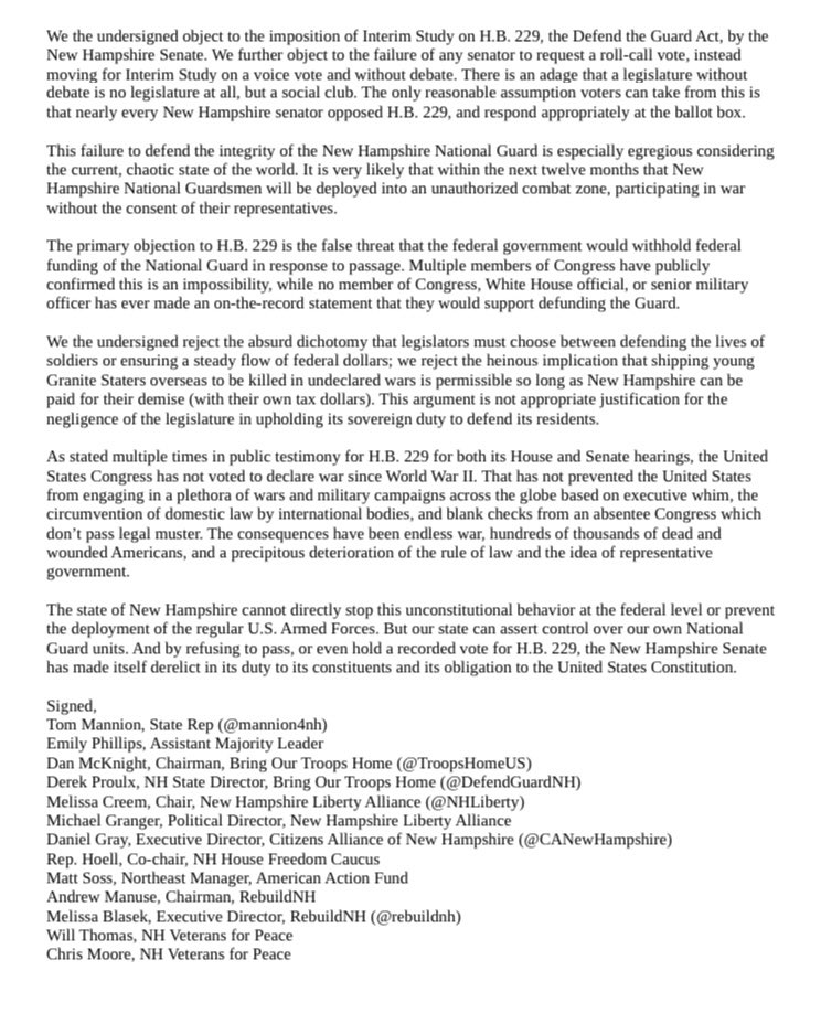 I’m pleased to sign the following along with @ajmanuse condemning the NH Senate for their absolute failure to Defend the Guard. NH Liberty organizations unite!