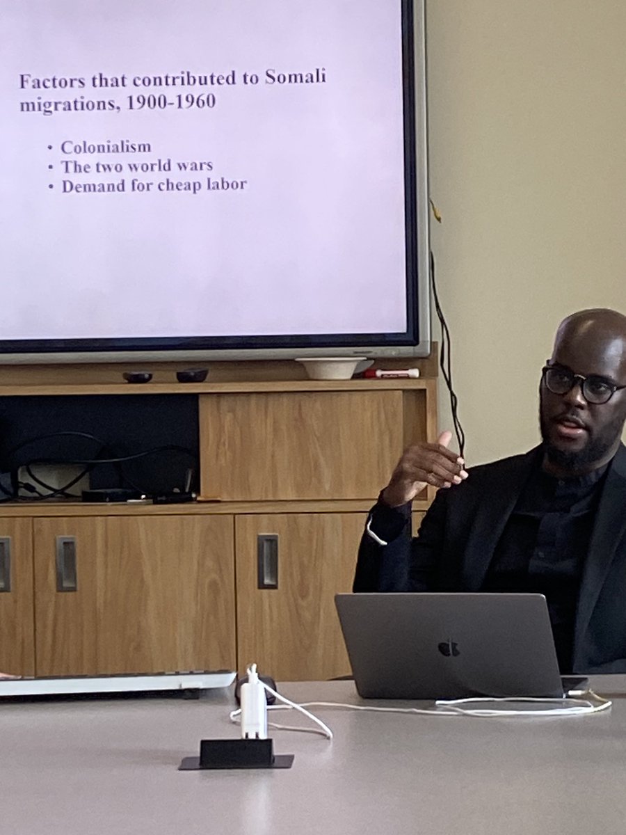 I had the opportunity to attend a presentation titled 'The First Somali Diaspora: A Transnational History of Migration, Race, and Resistance' by Ibrahim Hirsi, a PhD candidate at the University of Minnesota. It offered unique insights into Somali history from the 1900s <a href="/iHirsi/">Ibrahim Hirsi</a>