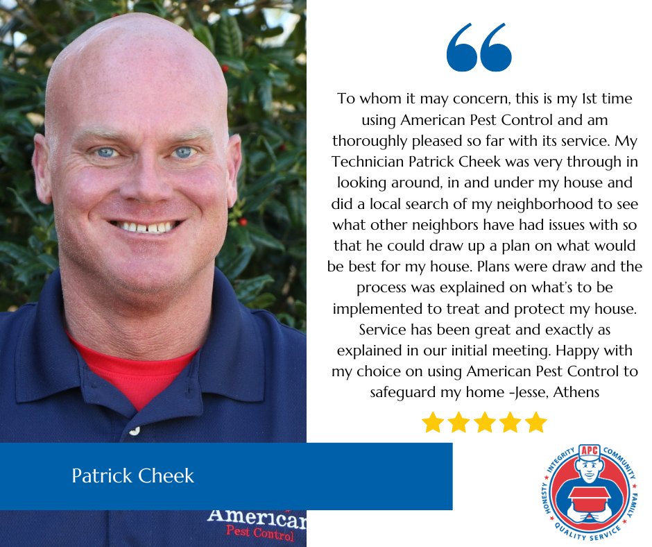 Patrick received this wonderful review! We are so proud of our techs. #reviews #pestimonial #apc #athens #local