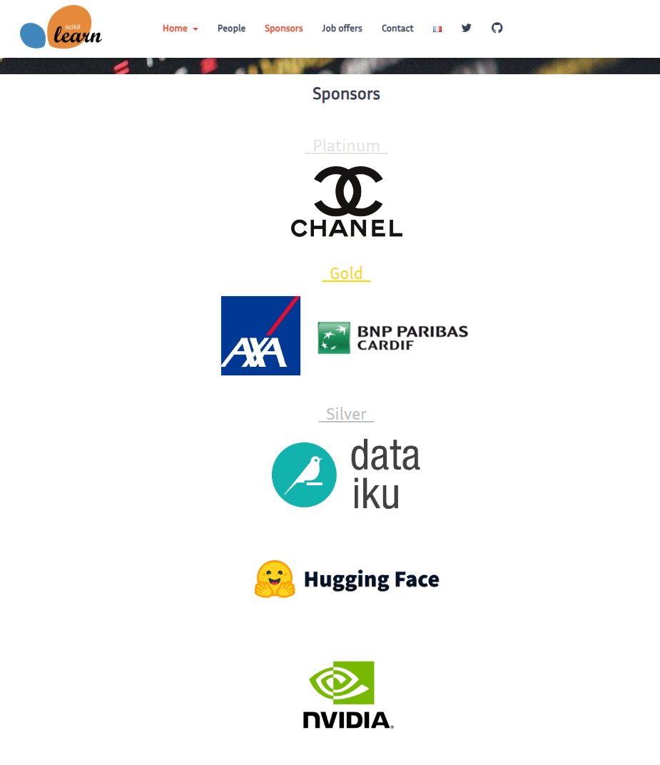 TIL scikit-learn, an open-source ML library, has only one Platinum sponsor and it is ... Chanel?