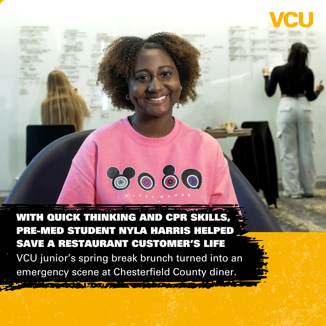 #VCU junior Nyla Harris found out what it’s like to be thrust into the media spotlight after she performed CPR to help save the life of a fellow restaurant customer. Read more: news.vcu.edu/article/2024/0…