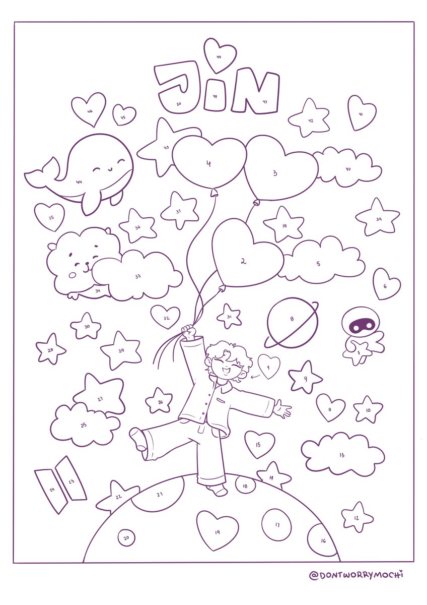 dontworrymochi's tweet photo. Jin comes back on June 12th, exactly 50 days from today! If you color one number each day, by the time you finish painting this drawing, Jinnie will be back! ♥ Feel free to join me painting while we wait! I'll leave the link to download it below 💜🥹✨ https://t.co/pyVXkza4Eo