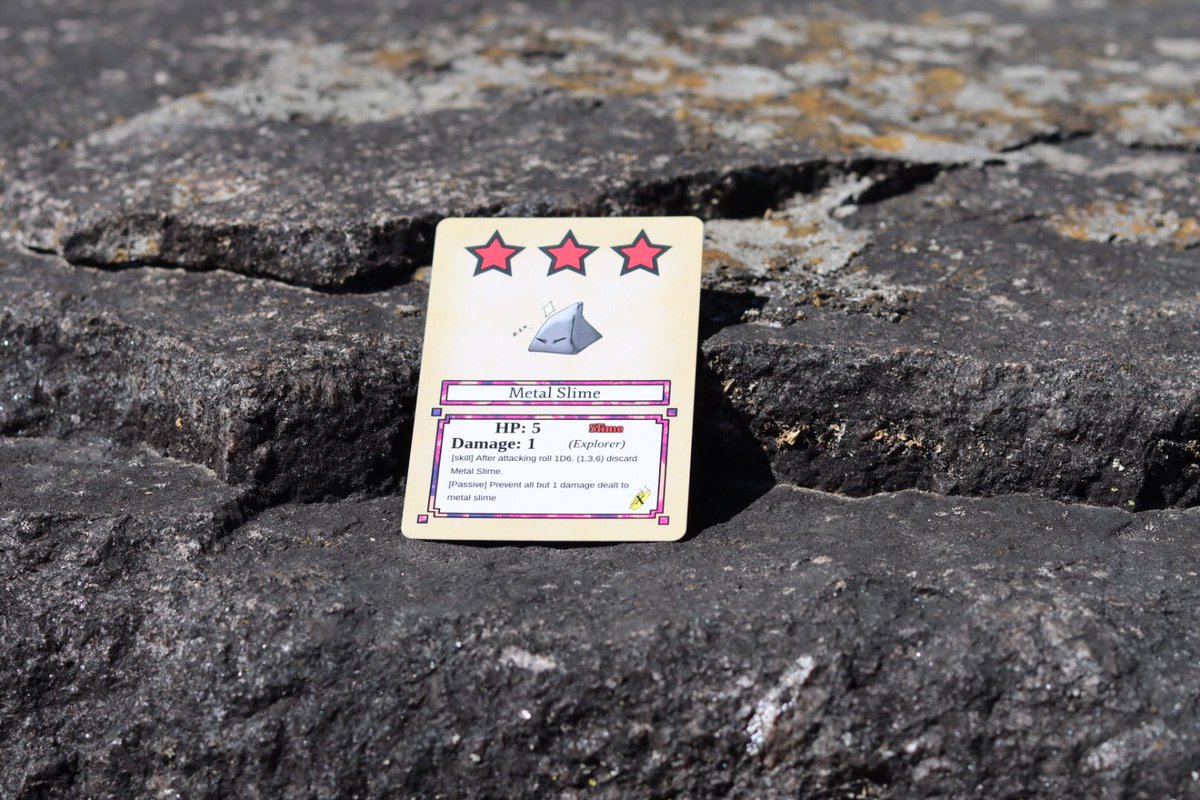 FCG_productions's tweet photo. Hard as stone or steel? The metal slime is tough and elusive. Can you kill it before it runs away. #cardgame #indiegame #indiedev #cooperativegame #boardgame https://t.co/G7WWrPiiyk