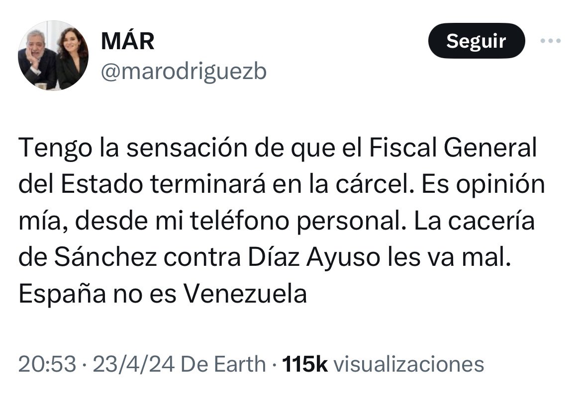 Madre mía, no tiene suficiente con amenazar a periodistas, ahora amenaza al Fiscal General del Estado?…

Está desquiciado, esto es súper grave y se debería actuar de manera inmediata. 
#AyusoAPrisión 
#CorrupciónPP