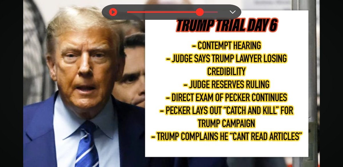 Re-cap of Day 6 - The People v. Donald Trump. The last 2 bullet points: "Packer Lays Out Catch and Kill for Trump Campaign" and "Trump Complains Can't Read His Newspaper Articles".