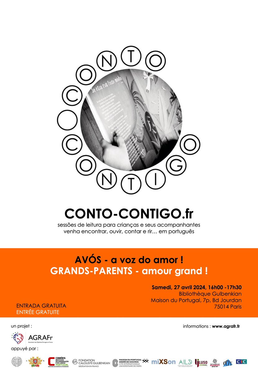 #ContoContigo .fr/@AGRAFr 10 abris passaram … Convite para mais #leituraspartilhadas! AVÓS-a voz do amor! QUANDO ? Sábado, 27 de Abril de 2024 16h00-17h30 ONDE ? @BibGulbenkian, Maison du Portugal @ciup_fr #ON_CC No site do Conto-Contigo .fr/@AGRAFr 🔗agrafr.fr/pt/2024-04-27-…