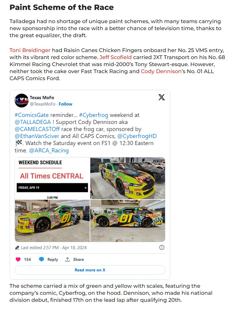 VitoComedy's tweet photo. Cyberfrog car chosen for "best paint scheme" of the race by @Frontstretch https://t.co/SxNnHqPy7a