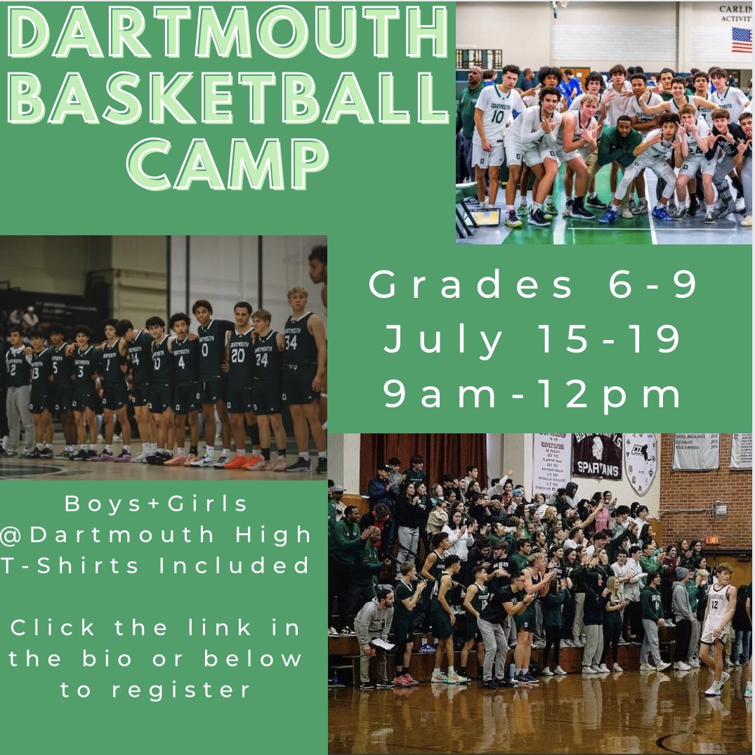 ‼️DARTMOUTH BASKETBALL CAMP‼️

Registration is now open for students entering grades 6-9. Camp is July 15-19 from 9am-12pm at Dartmouth High School. Price of the camp is $80 for the full week

Registration is linked below and also in the bio

docs.google.com/forms/d/e/1FAI…