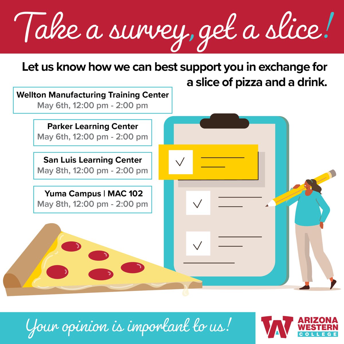 Hey Matadors📣🌟!!

Join us on Monday, May 6, 2024 from 12:00pm - 2:00pm at the Parker Learning Center to participate in a survey! 

We want to hear from you!!

#AWCLAPAZ #ParkerCommunity #parkerlearningcenter #awcparker #ArizonaWesternCollege #GoMatadors #students #collegelife