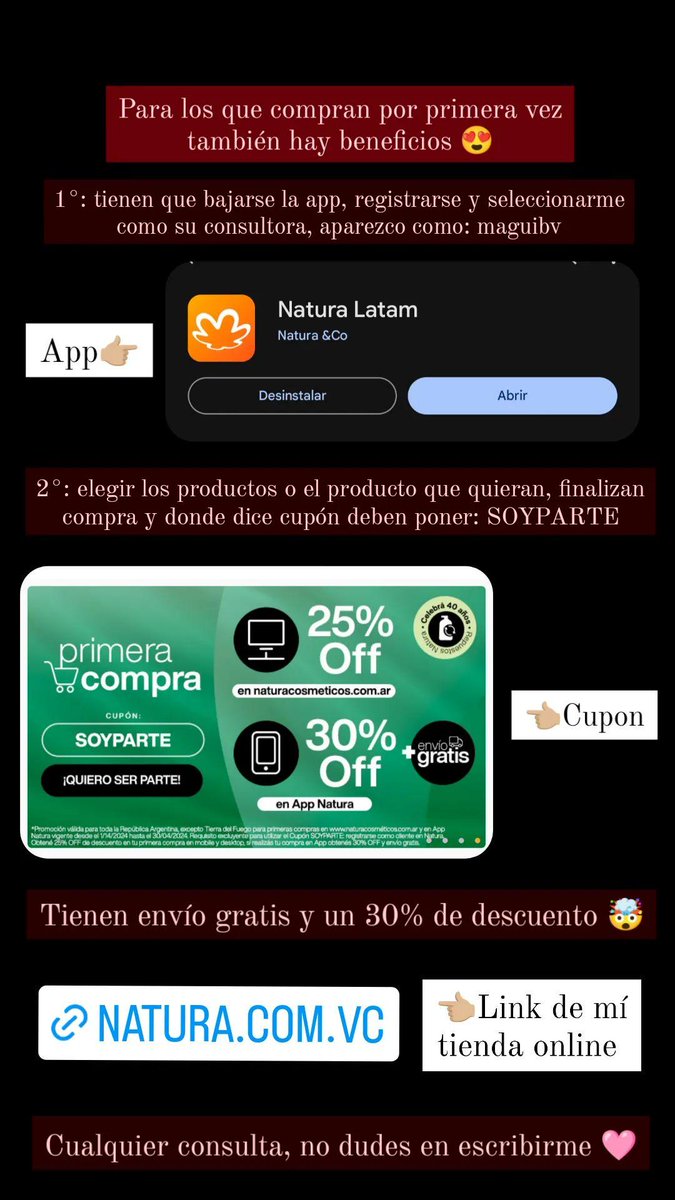 Realizando su primer compra desde la app tienen un 30% de descuento y ENVIO GRATIS
natura.com.vc/maguibv-vg7py
Elegíme como tu consultora: MAGUIBV 

#natura #enviogratis
@NaturaArgentina