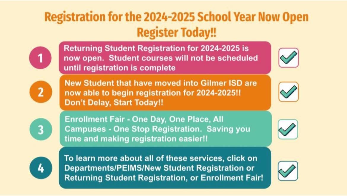 Registration for 24-25 is now open. More info at gilmerisd.org