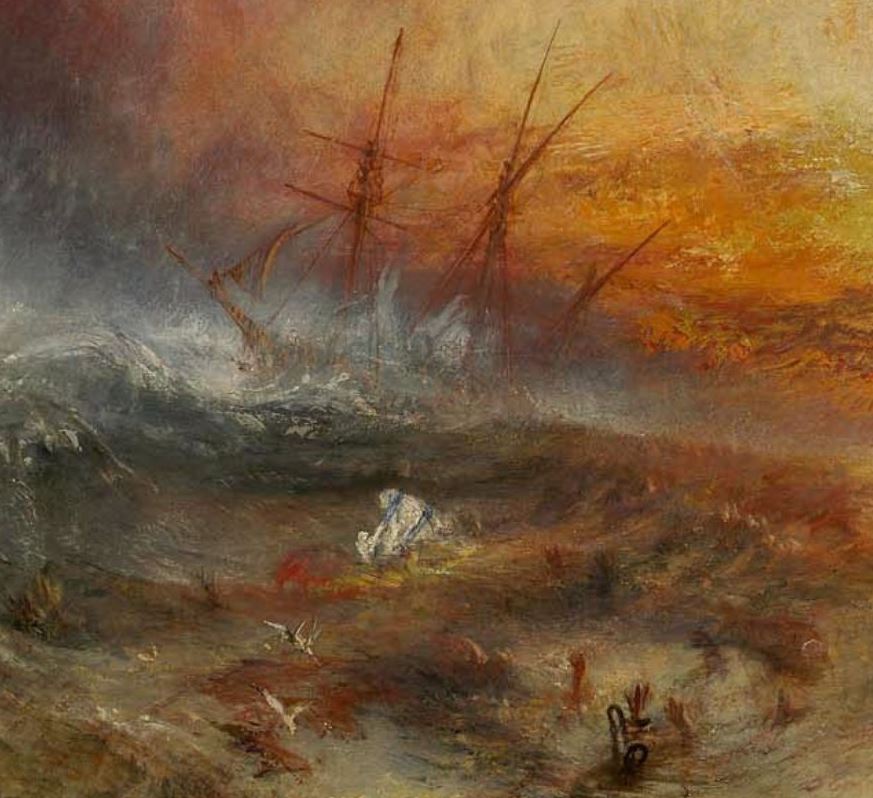 2/2 Water dotted with the desperate hands of captured Africans, thrown overboard before the storm. Anti-slave-trade argument by J.M.W. Turner.