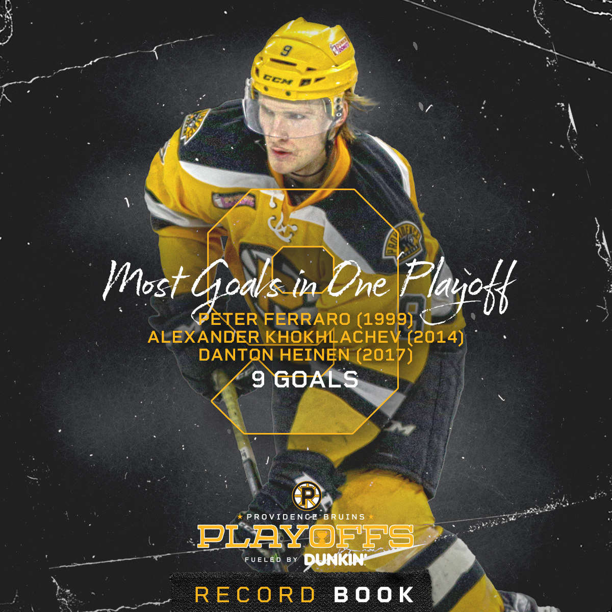 Today's look at the #AHLBruins Playoff Record Book 📕 fueled by @dunkindonuts featured the franchise record for goals in one playoff ⤵️ 🏆 Most Goals in One Playoff: 9 Goals - D. Heinen (2017); A. Khokhlachev (2014); P. Ferraro (1999) Learn more ➡️ bit.ly/4cmBRNz