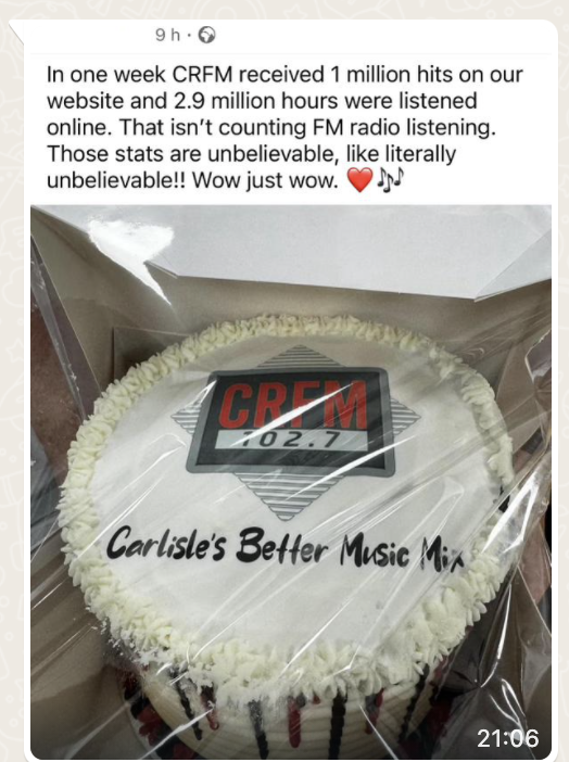WOW. Comments on the Facebook page for the new Carlisle community radio claim almost 3M listening hours in their first week. Online alone. That is quite incredible.