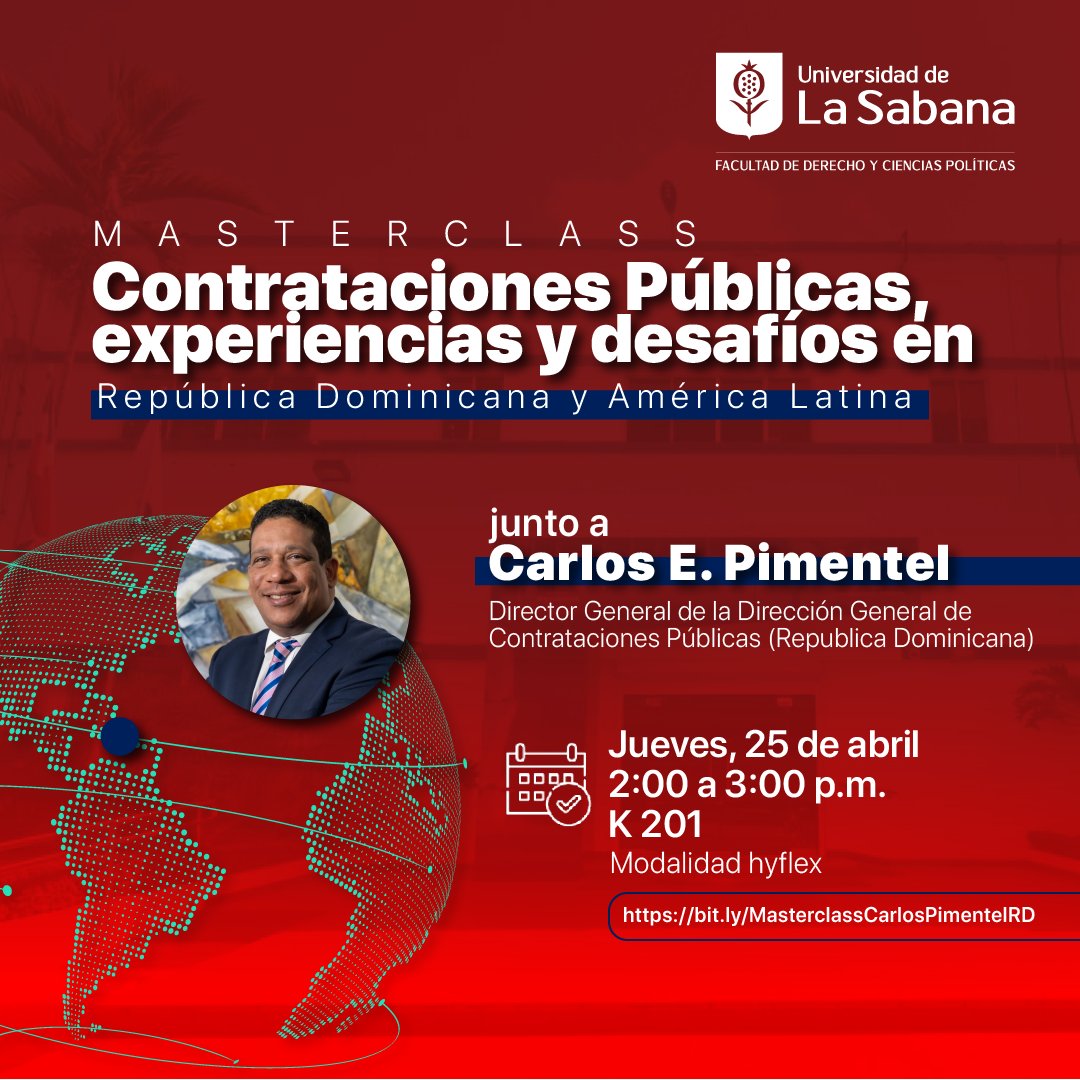 No te pierdas la oportunidad única de participar en una masterclass con el Dir. General de la Dirección General de Contrataciones Públicas de República Dominicana, Carlos Pimentel 🇩🇴explorando sus experiencias y desafíos en la República Dominicana y América Latina. ¡Agéndate! ✏️