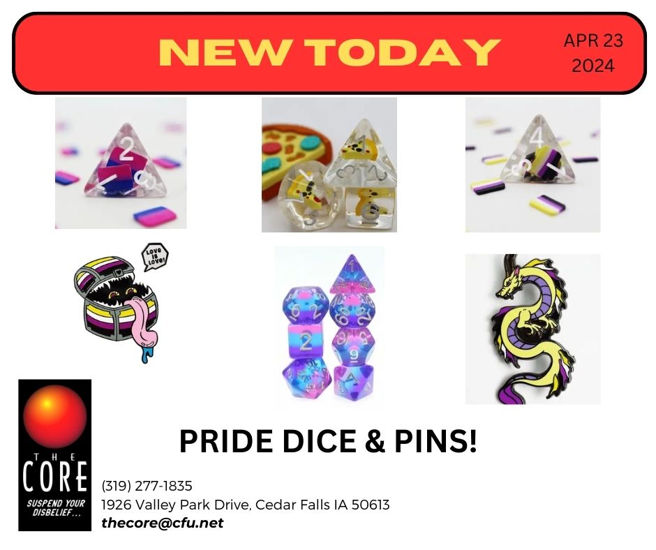 PRIDE DICE?!  PRIDE PINS?!  YES!
------------
#thecorecf #thecorecomicsandgames #shopsmall 
#family #business #shop #thingstodo #buylocal #gifts #shoplocal #supportlocal #creative