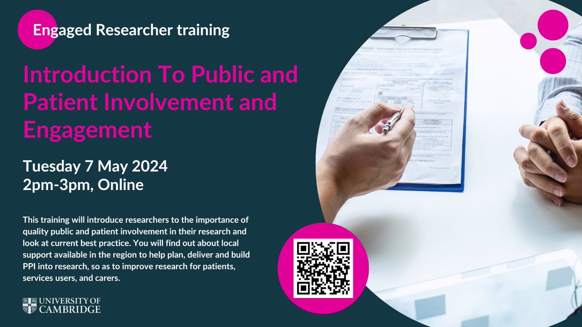 📢 Calling @Cambridge_Uni researchers 📢 Would you like to understand more about the importance of quality public and patient involvement in your research? Book now to find out what support is available to help plan, deliver and build PPI into research: bit.ly/4dcpl3q
