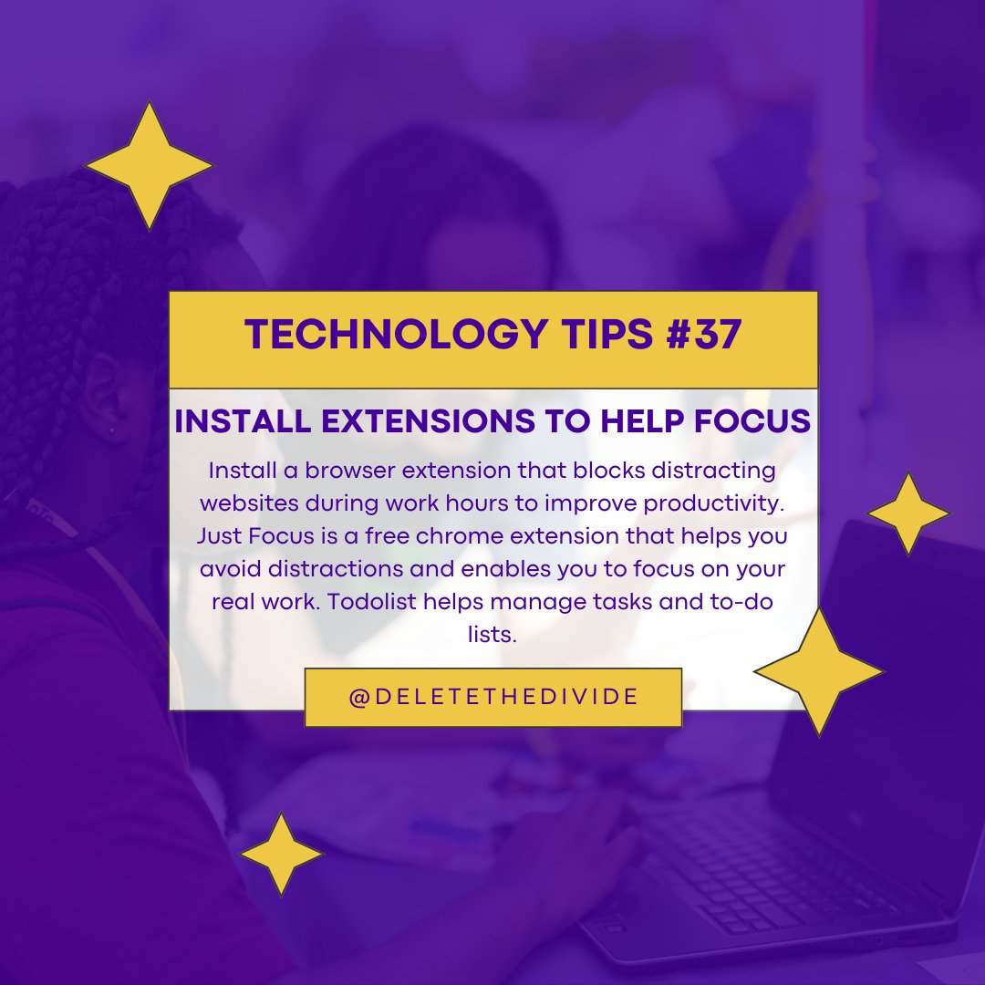 💫💻It's Tech Tip Tuesday!💻💫

Boost your productivity with free Chrome extensions like Just Focus and Todolist! Enhance time management and concentration by installing these tools today⚡📈

Join us for FREE to learn more useful tips!

#DTD #TechTipTuesday #LACounty #Focus