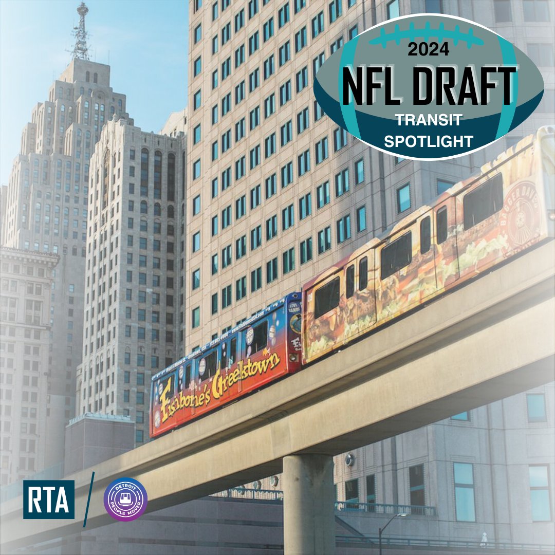 Detroit People Mover is your 24/7 connection during the NFL Draft, April 25-28! Trains every 5 mins. All 13 stations are open for easy access to draft sites, dining, and hotels. Special stops include the Financial District & Millender Center. @detpeoplemover