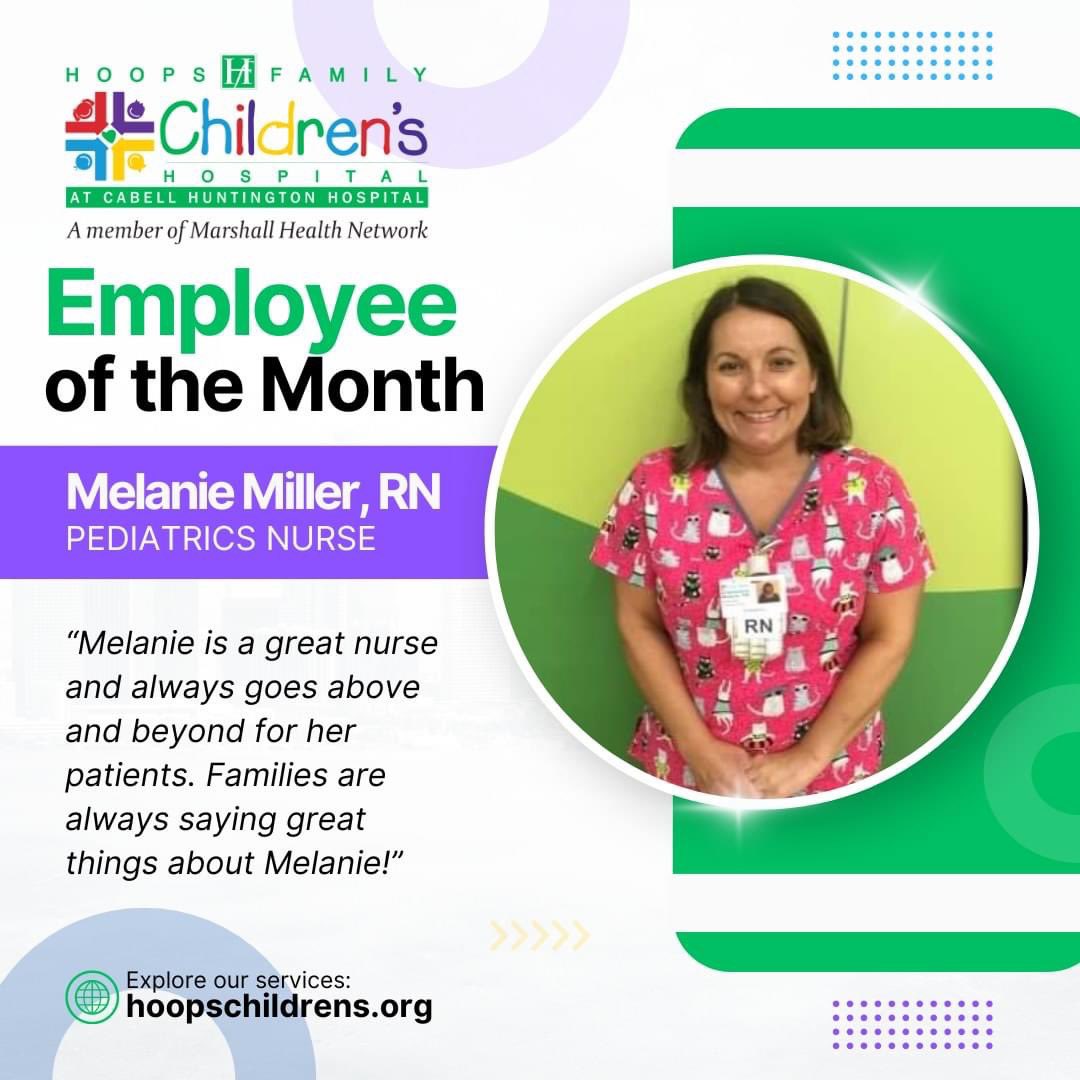 🩺 👏 Congrats to Melanie Miller, RN, our Pediatrics Employee of the Month for March! 

Her coworkers said, "She is always willing to help and cares deeply for her patients. Melanie is a hard worker, and families are always saying great things about Melanie!"