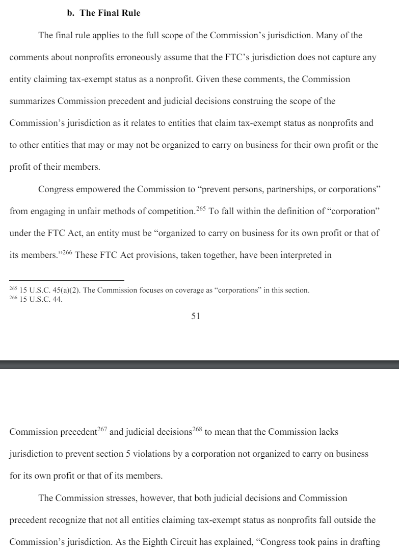 Fascinating. The final FTC rule banning non-competes tries to justify jurisdiction over non-profits. Pretty interesting and will 10000% be challenged. BIG factor to keep an eye on.