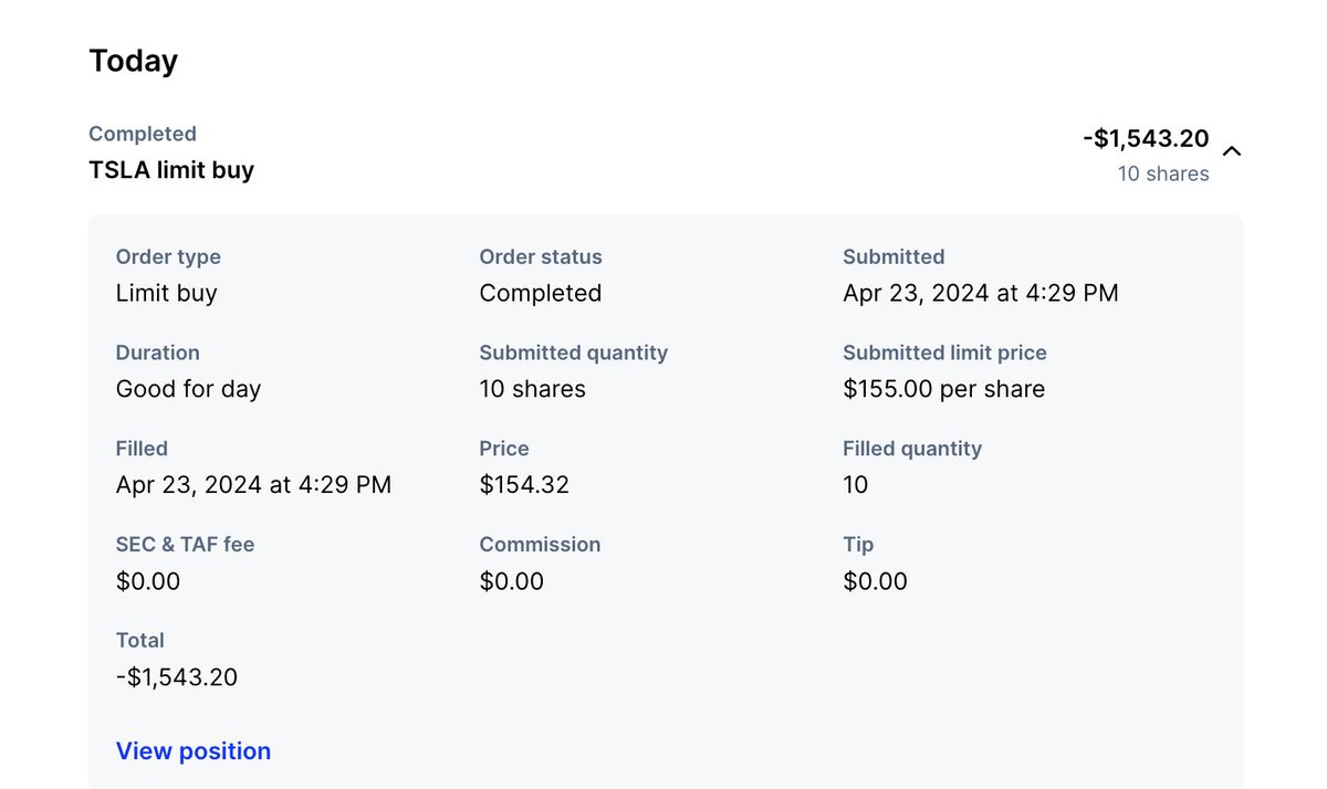 bought 10 more $TSLA shares after hours. shoutout to my broker @public for making this easy :))