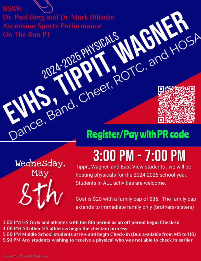 Extra Curricular Physicals Wednesday, May 8th.  Sign up today.  Spots are going fast.