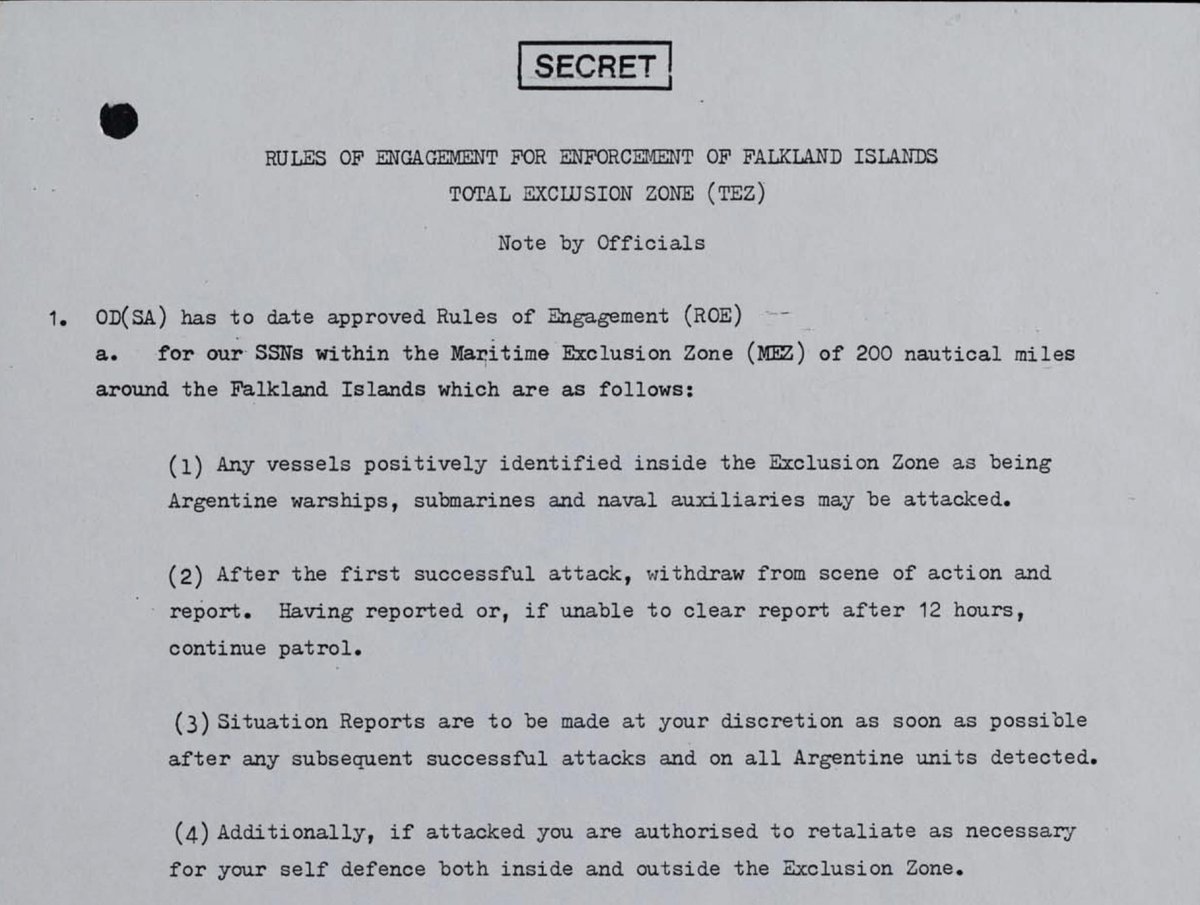 Meanwhile, SSN HMS Splendid is to patrol north-west of the Falklands and attempt to shadow the Argentine Aircraft Carrier and her battle group... both submarines have new Rules of Engagement. With Splendid North and Conqueror South, any pincer movement at sea can be eliminated.