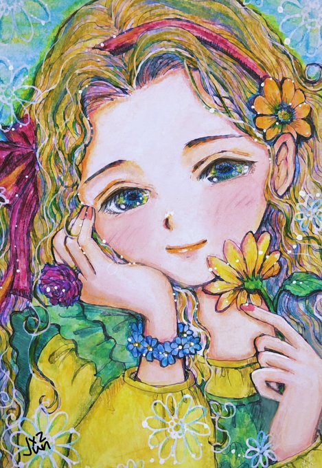 「flower hand on own face」 illustration images(Latest)