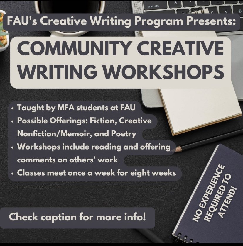 FAU Creative Writing Program presents Community Creative Writing Workshops!!!

-Open to writers of all levels 
-Online & in person 

If you are interested please click the link below 👇🏽

fau.edu/artsandletters…

#communitycreativewritingworkshops #creativewriting #writingworkshop
