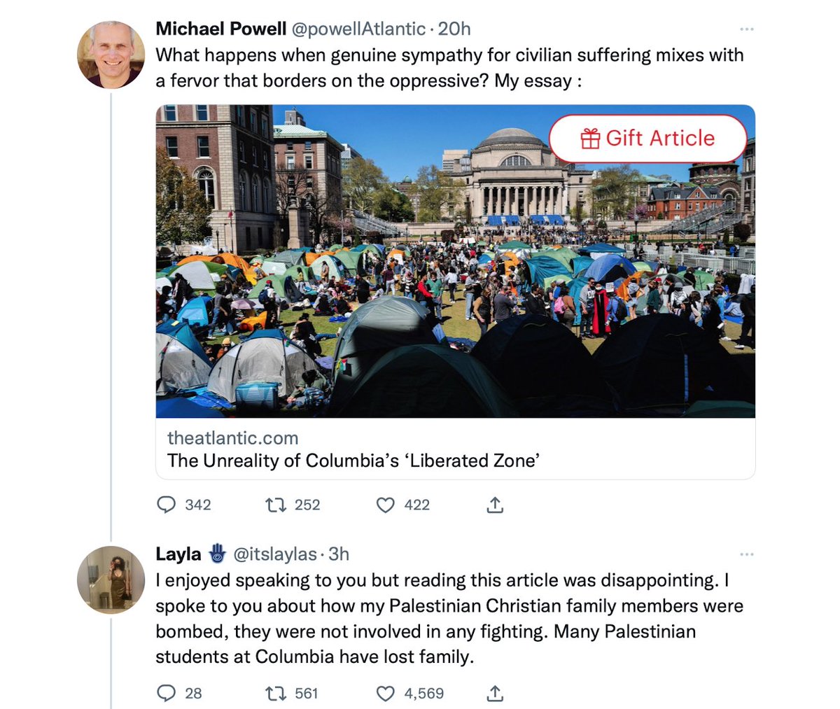 This exchange shows how poorly this piece was reported. One protester, a Palestinian American grad student, told Powell her family was bombed in Gaza. But instead of quoting her at all, Powell just writes blithely that she “lost family in the fighting in Gaza.”