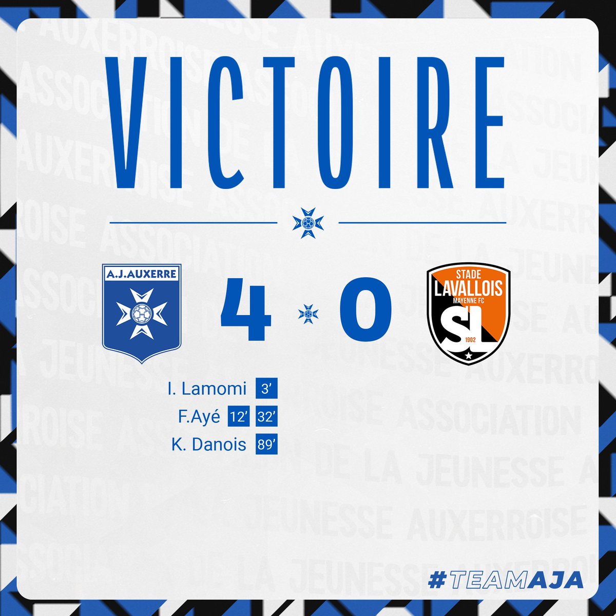 🔚 𝐕𝐈𝐂𝐓𝐎𝐈𝐑𝐄!!! 🎉 En maîtrise du début à la fin et poussée par un public formidable, l’AJA bat largement Laval et retrouve la victoire ! Encore 4️⃣ finales ! 🔵⚪ #TeamAJA #AJALAVAL (4-0)