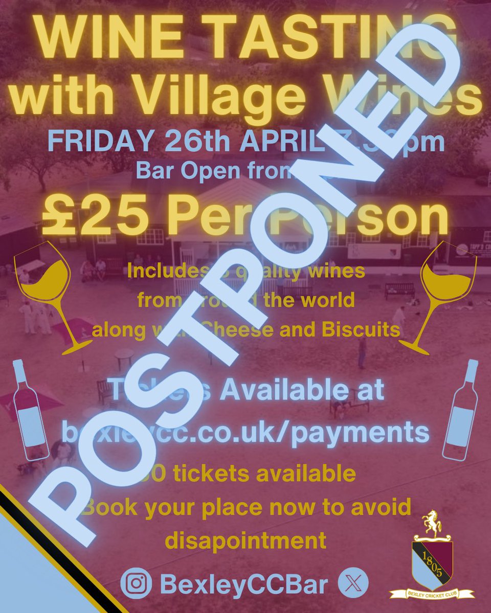 Unfortunately due to diary clashes, we have had to postponed this Fridays Wine Tasting with Village WInes. A date towards the end of the season will be found in the coming days. Any tickets purchased will still be valid Please contact us if you wish to have a refund