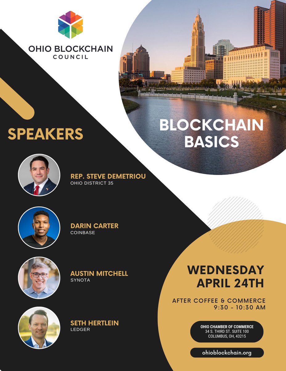 Ohio Blockchain Council is hosting an educational event for lawmakers and government officials at @OhioChamber on April 24th. Guest speakers include @aisaacsmitchell, @SethHertlein, Darin Carter, Zach Staton and featuring @steve4ohiohouse to discuss HB 406!