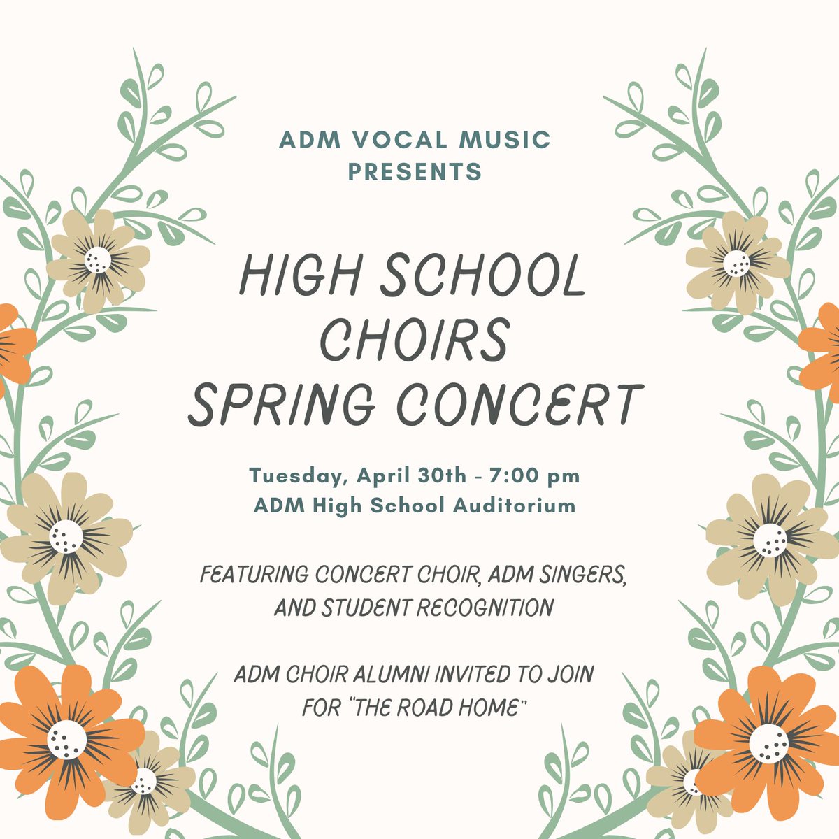 Spread the word and share, share share!
Recent ADM Choir alumni are invited to join the combined choirs next Tuesday at the spring concert.  Sing together!