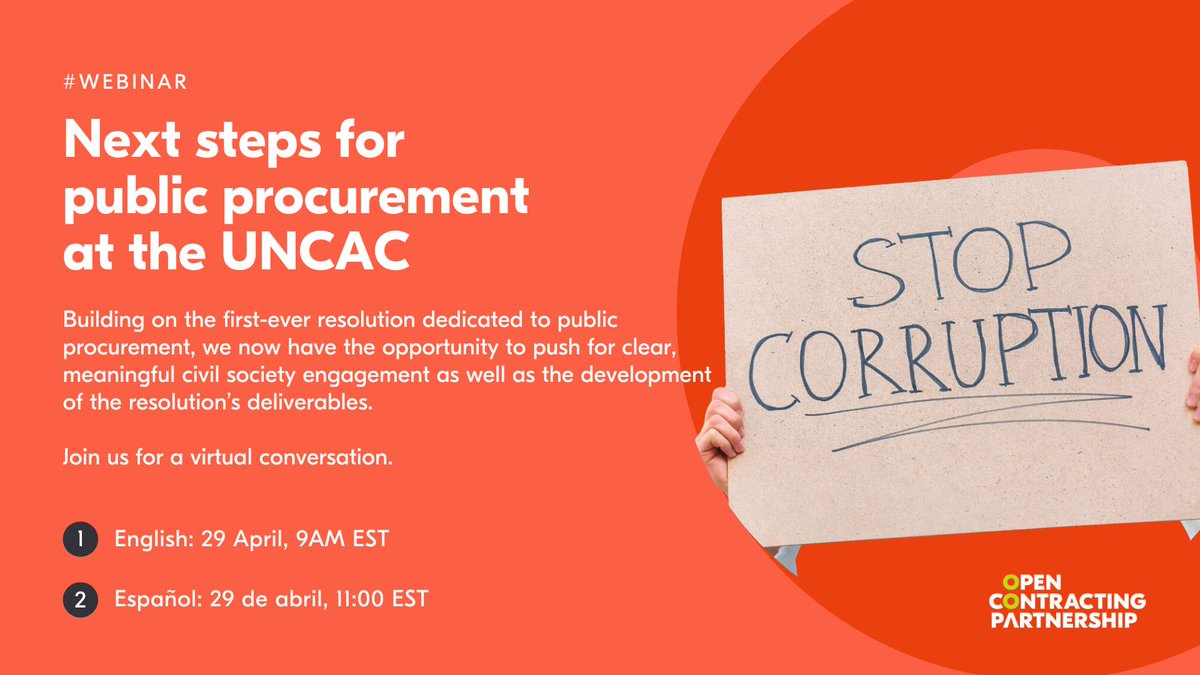 Webinar: Join us for a virtual conversation to discuss the next steps on the UNCAC Resolution on Promoting Transparency & Integrity in Public Procurement. More details 👉 open-contracting.org/events/webinar…