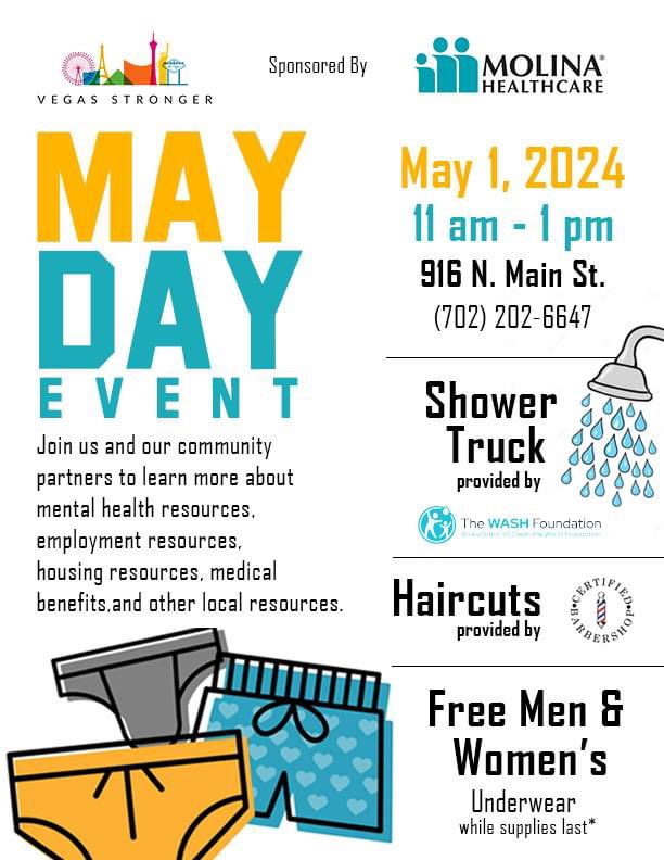 On May 1st from 11a - 1p we will have mental health resources, employment resources and FREE SHOWERS thanks to our sponsors Molina Healthcare of Nevada and community partners The WASH Foundation, Certified Barbershop, Pinkbox Doughnuts, Siegel Cares!
#lasvegas #vegasstronger