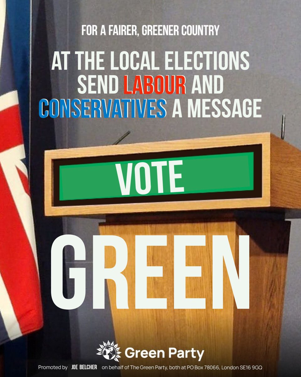 Every Green vote at the local elections is a vote to tell Sunak & Starmer: 🌍 Take climate change seriously 👐 Keep private hands off our NHS 🗳 Bring in proportional representation 🚮 End austerity ☮️ Make peace, not war #VoteGreen May 2nd.