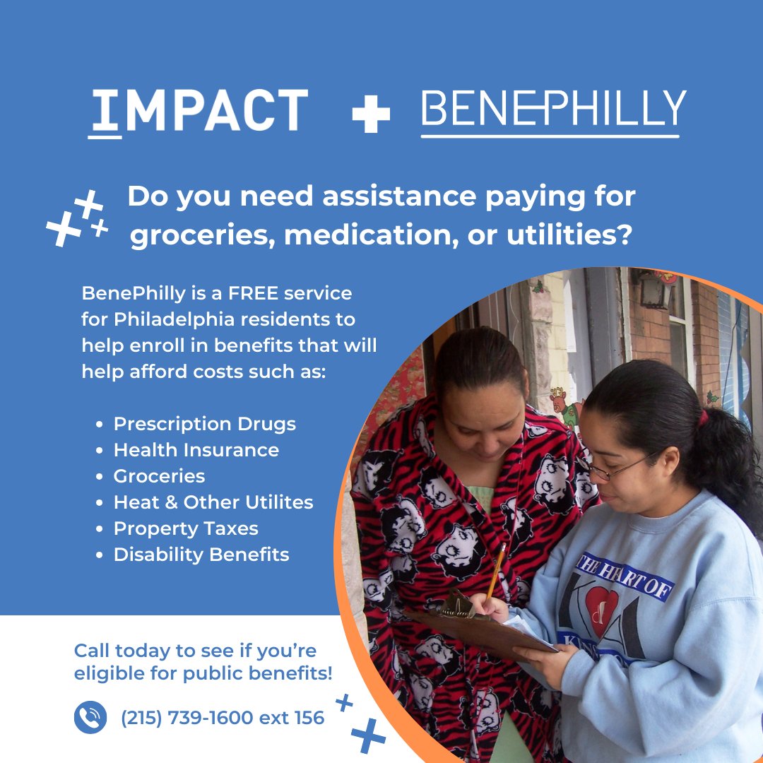 Impact_Philly's tweet photo. Do you need assistance paying for groceries, medication, or utilities? #BenePhilly is a FREE service for #Philadelphia residents to help enroll in benefits that will help afford costs!

Call today to see if you’re eligible! 
(215) 739-1600 ext 156

https://t.co/QBiXOrAEIZ https://t.co/BmALX02QzU