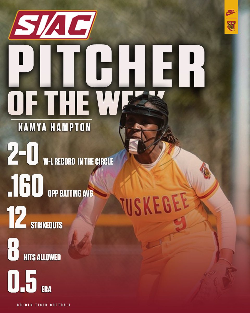 Kamya Hampton wins SIAC Pitcher of the Week Honors for third time this season! 🏅🏅🏅 #SkegeeSB l #SIACPitcheroftheWeek l #MyTUAthletics