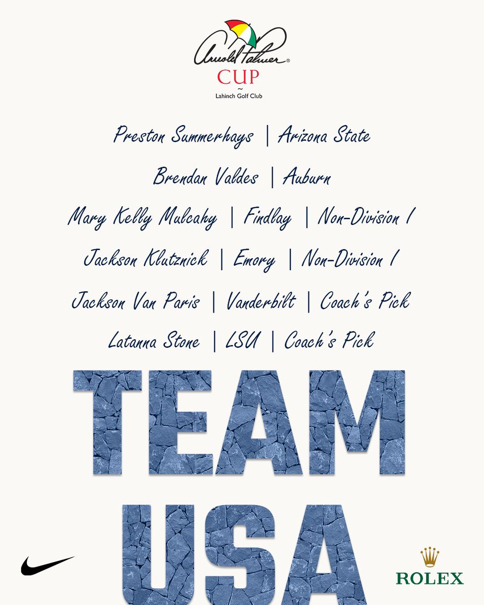The lineups are set! 📝  Meet the 24 college golfers who will represent Team USA at the 2024 Arnold Palmer Cup.  #APCup | #Rolex
