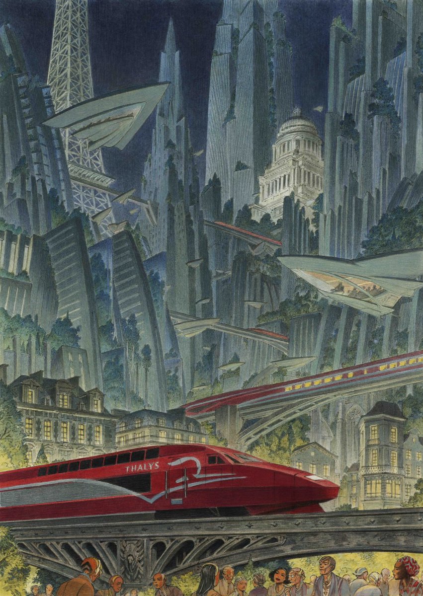 CyberpunkSF's tweet image. "Paris-Bruxelles" by François Schuiten for the 25th Anniversary of Thalys (2021)