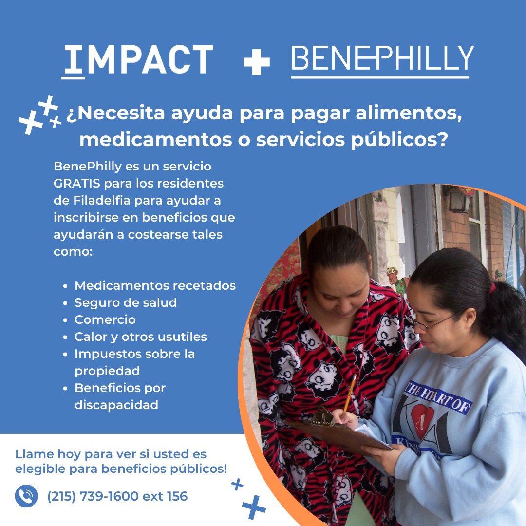Impact_Philly's tweet photo. ¿Necesita ayuda para pagar alimentos, medicamentos o servicios públicos? #BenePhilly es un servicio GRATIS para los residentes de #Philadelphia para ayudar a inscribirse en beneficios que ayudarán a costearse!

Llama hoy para ver si eres elegible. 
(215) 739-1600 ext 156 https://t.co/KWc3G7lwig