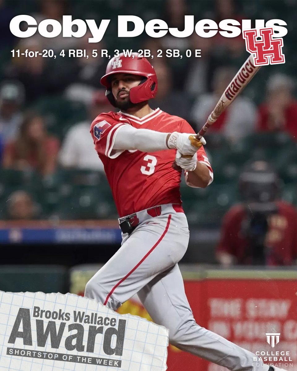 Congratulations to @UHCougarBB's Coby DeJesus, who has been named the @BWAward Shortstop of the Week!