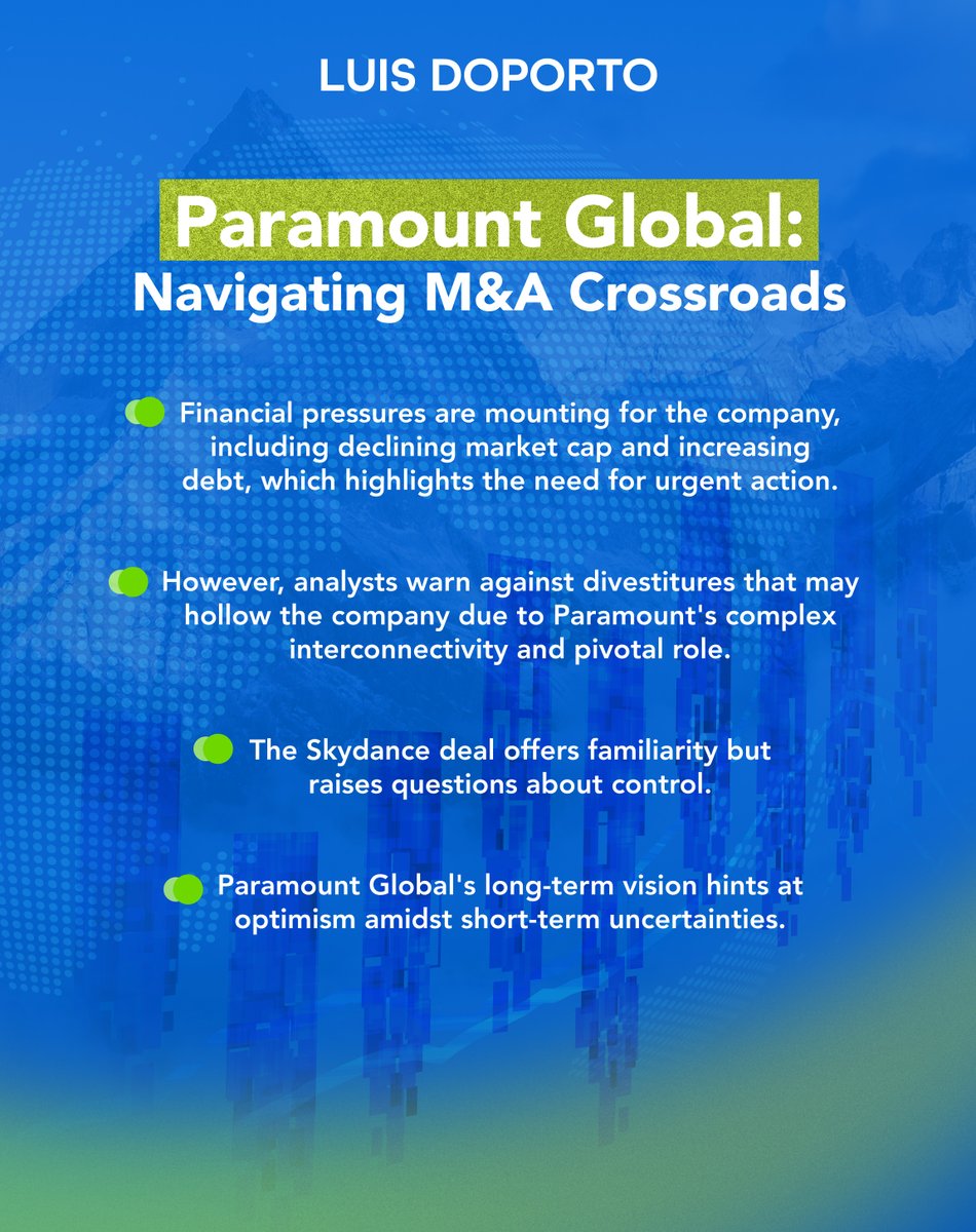 #ParamountGlobal is facing critical decisions as it weighs up takeover bids from #ApolloGlobal, #LegendaryEntertainment and #SkydanceMedia for Paramount Pictures.

#mergersandacquisitions
#mediaindustry
#businessstrategy
#luisdoportoalejandre