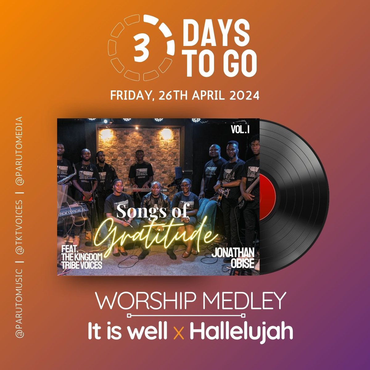 TKTVoices's tweet photo. Hello hello!

It's about 3 days to go!

Songs of Gratitude official release this Friday, 27th April 2024.

#Worship #Gospel #Music #Christ #TheKingdomTribe #TKTVoices #Itiswell #Hallelujah #GospelMusic #ChristianMusic #Christianity

@GraceObise @realjerrylaz @gracedrhapsody https://t.co/xYWWowPWTW