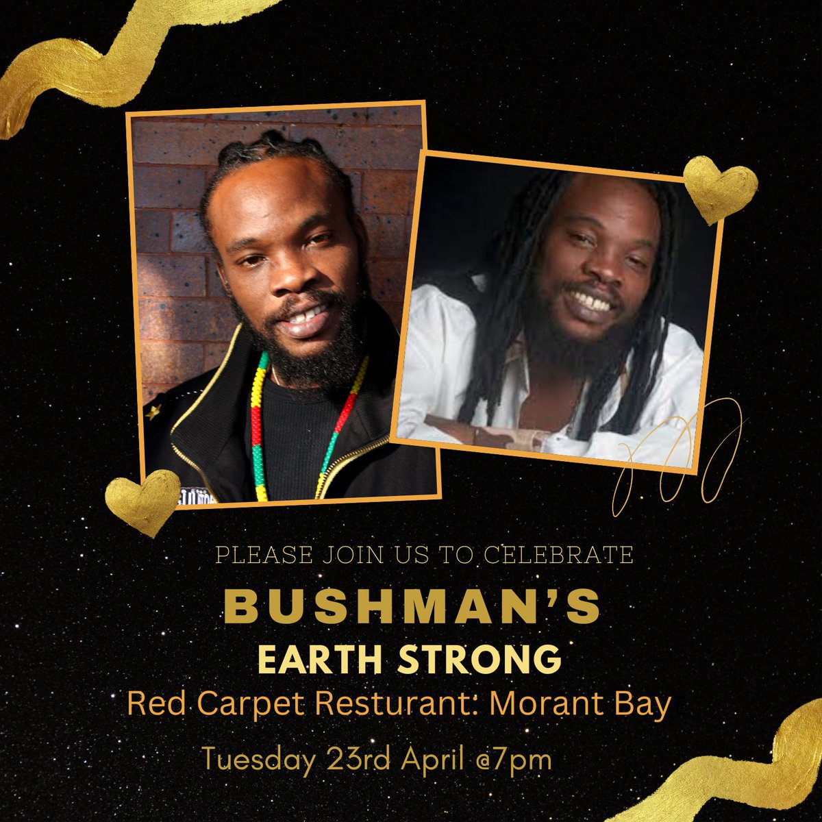 Earthstrong Celebration Tonight!  💚💛❤ 🇯🇲  Tues April 23rd! Come celebrate at Red Carpet Restaurant in Morant Bay, St. Thomas, JA. 🎂 Doors open at 7pm at 3 Queen St. - be ready to party in style!  🇯🇲 #Bushman #NyahmanBushman #Earthstrong #MorantBay #Jamaica 
<a href="/NyahManBushman/">Bushman</a>