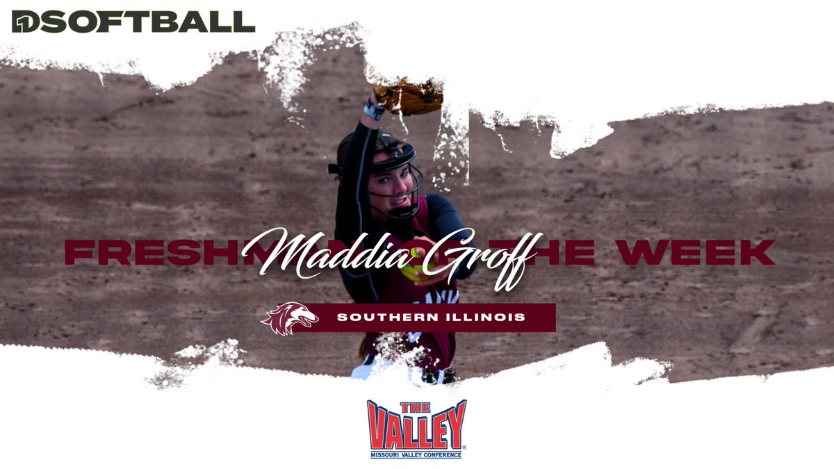 Maddia Groff of @SIU_Softball nanmed @D1Softball Freshman of the Week‼️

Marked her 23rd win of the season, She recorded to shutouts,  &  a perfect frame, notching three consecutive outs in game 2

More ➡️d1sb.co/3UjId8m

#MVCSoftball | #TheValleyRunsDeep